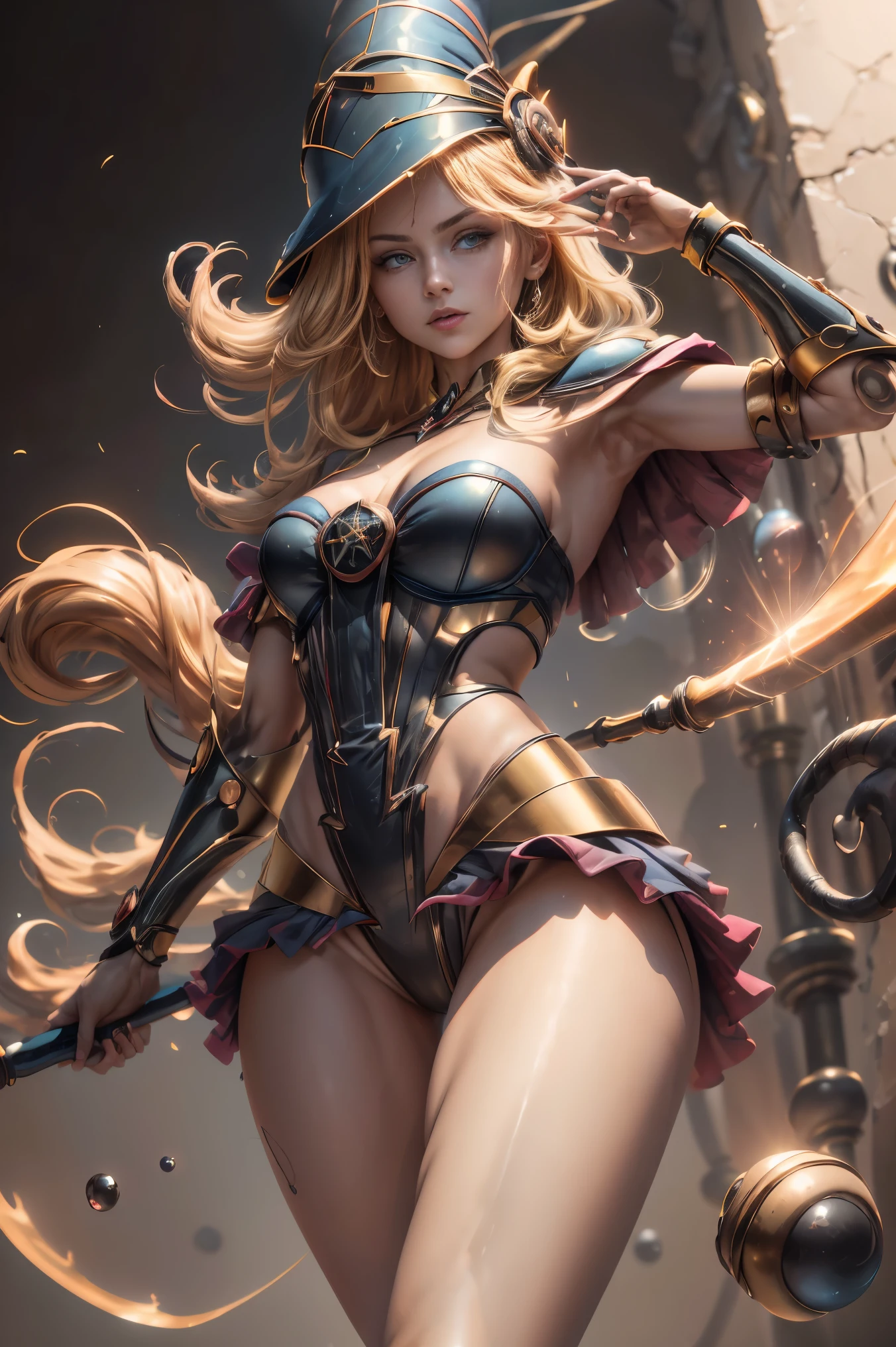 (8k,fotorrealista Raw photography highest qualityr;1.4) (1chica en) super beauty (cara realista) cuerpo femenino (Rubia de rizos largos) Hold a black and red magic wand Escena de combate Magic hat with black and gold exterior Beautiful expression Deslumbramiento (Piel de aspecto real) (Giles magos oscuros) Tentador Super high resolution Un hiperrealista Alto detalle foto de cuerpo completo restos
