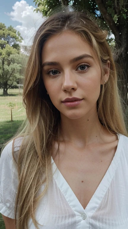 A 23-year-old blonde woman, ((pechos grandes)), ((hiperrealismo)) ,. blonde hair with light brown roots. cabello rubio, Hair with brown roots, cabello extra largo, cabello muy largo, Cabello muy largo, hermoso, Foto con profundidad de campo, alta calidad, escote, ojos verdes, labios carnosos, profundidad de campo, cinematic look, plano general, chopped angle