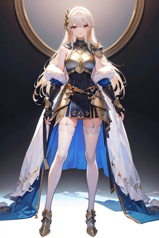 Full body portrait of light [seductiv|Goddess], highly detailed armor with gold plating, Shiny, Realistic armor, PLD_Armor, A female knight in armor, wearing PLD_Armor, Perfect face, Beautiful face, Coral eyes, Platinum blonde hair, Long hair, Medium breasts, lush detailing, Absurd, . hyper HD, High details, Super detail, Best quality, 8K,(lace stockings: 1.2),(full body photo: 1.2),beautiful legs,slender legs, big breasts