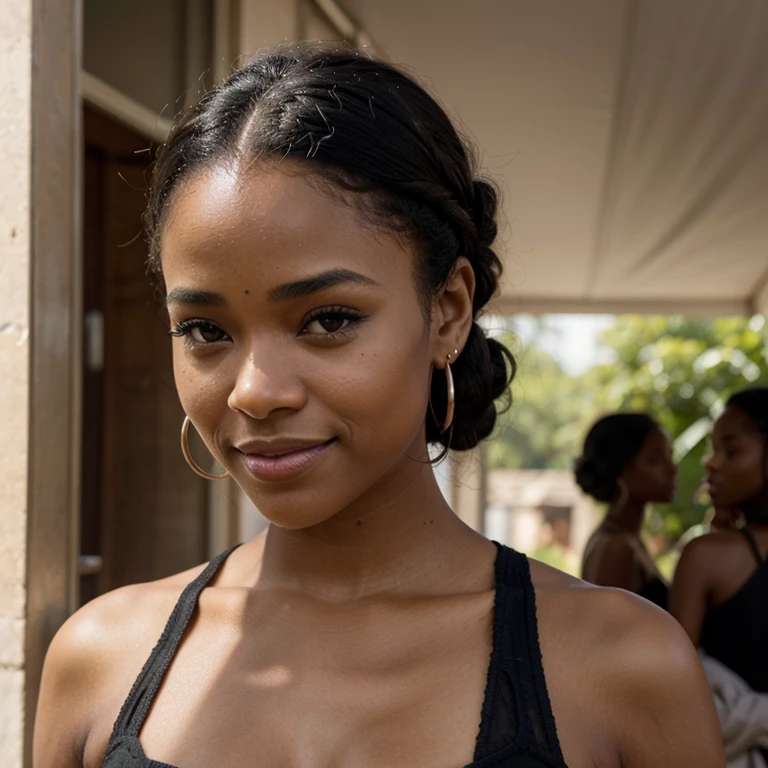 Une femme noir ayant la silhouette de Regina Hall, le teint de Ryan Destiny, les cheveux curly à la Nathalie Emmanuel, le regard de Chloé Bailey, le nez de Thandiwe Newton, le sourire de Amandla Steinberg, une belle poitrine 95C de Salma Hayek, les oreilles dégagées avec cinq piercings. Elle porte un haut décolleté en tenue africaine
