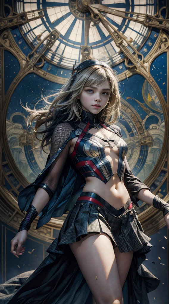 chloe grace moretz、Sticking out the navel、newyork、She wears a torn Spider-Man suit,wearing a skirt、abstract photorealistic、artistic、Alphonse Mucha's painting(masterpiece、highest quality、High resolution:1.4)、detailed、複雑なdetailed、In 4K、color splash、line drawing、fibonacci、