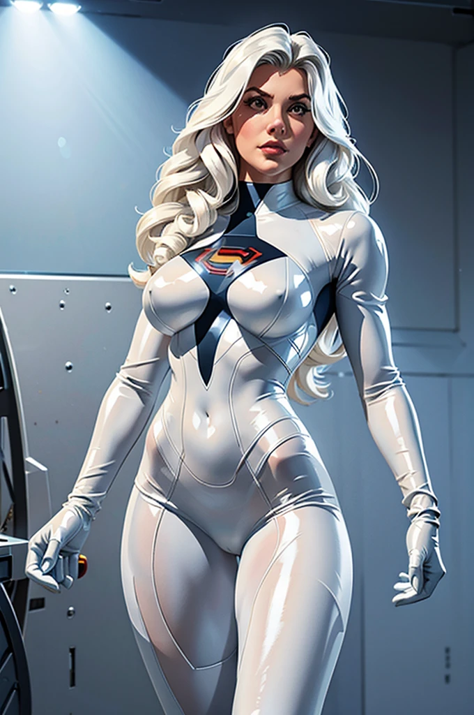 (best quality,8k:1.2,high resolution:1.2),ultra-detalhado,Realistic,retro science fiction female superhero,very long curly hair,rosto extremamente detalhados,long eyelashes,all sheer white Collant de nylon Apertado,all white pantyhose,white latex gloves, white Glossy plastic accessories,Physically-based rendering,foco nítido,studio lighting