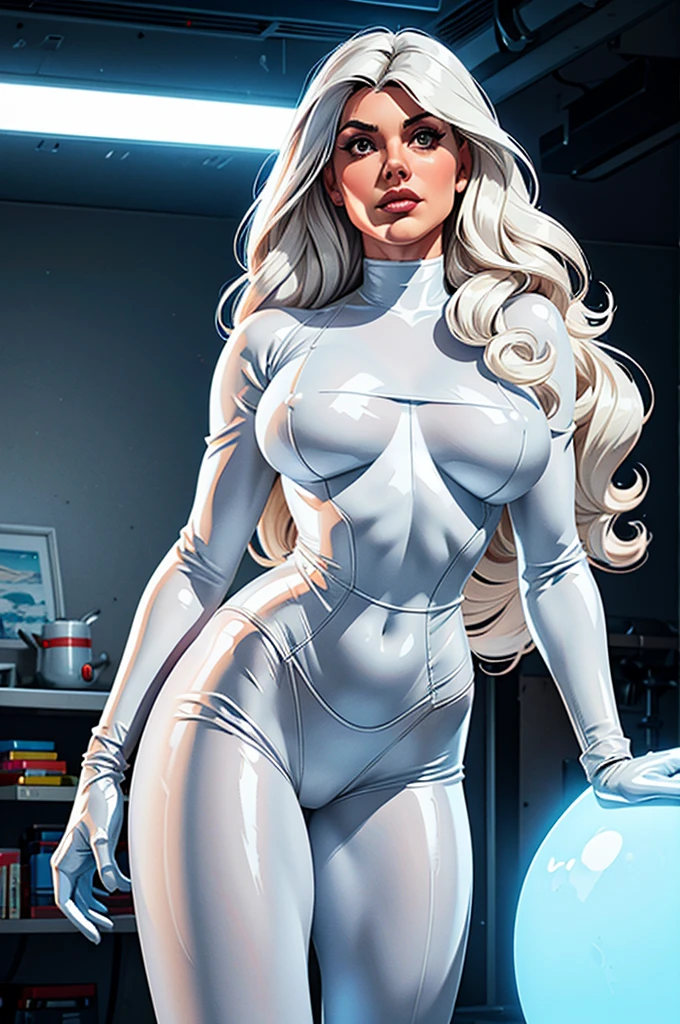 (best quality,8k:1.2,high resolution:1.2),ultra-detalhado,Realistic,retro science fiction female superhero,very long curly hair,rosto extremamente detalhados,long eyelashes,all sheer white Collant de nylon Apertado,all white pantyhose,white latex gloves, white Glossy plastic accessories,Physically-based rendering,foco nítido,studio lighting