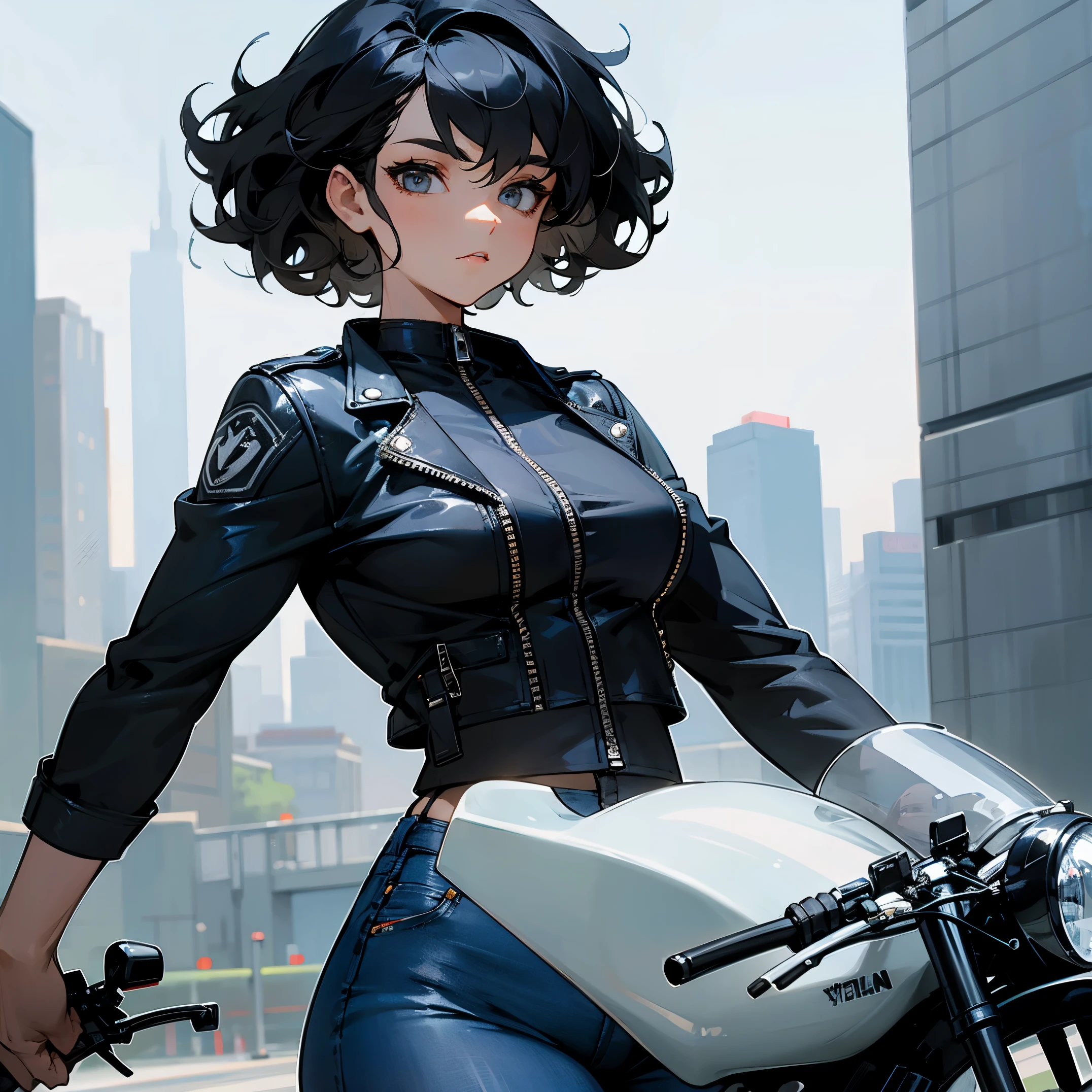 1female , Biker Jacket , Blue Jeans , Black Hair , Grey Eyes, Curly Hair ,Curvy,Muscular, Short Hair, Modern City Background