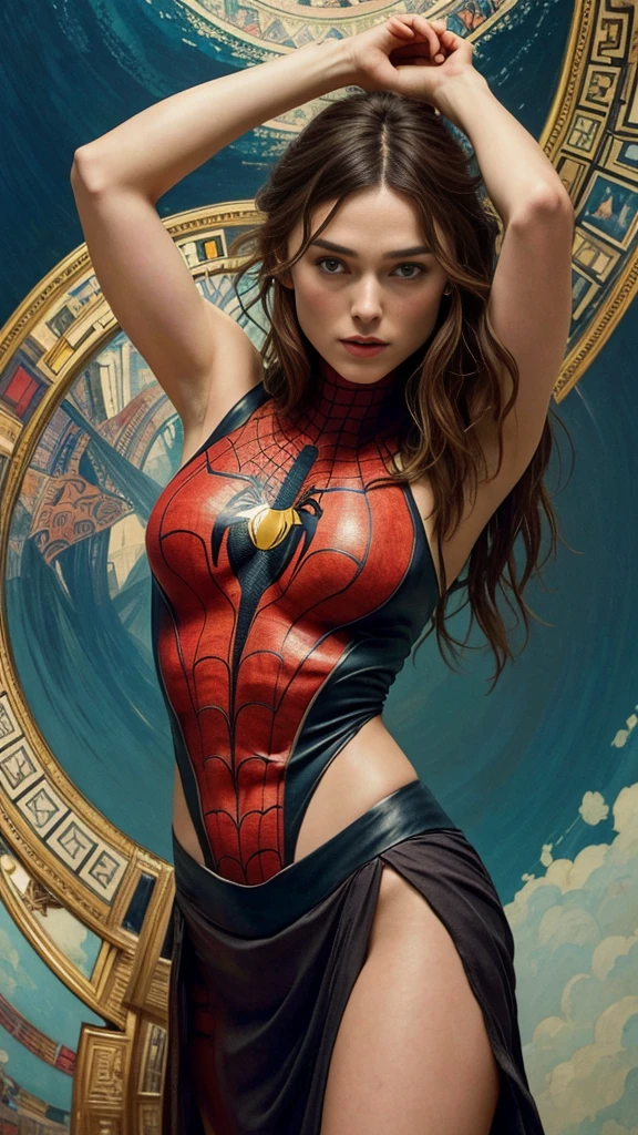 keira knightley、Sticking out the navel、newyork、She wears a torn Spider-Man suit,wearing a skirt、abstract photorealistic、artistic、Alphonse Mucha's painting(masterpiece、highest quality、High resolution:1.4)、detailed、複雑なdetailed、In 4K、color splash、line drawing、fibonacci、