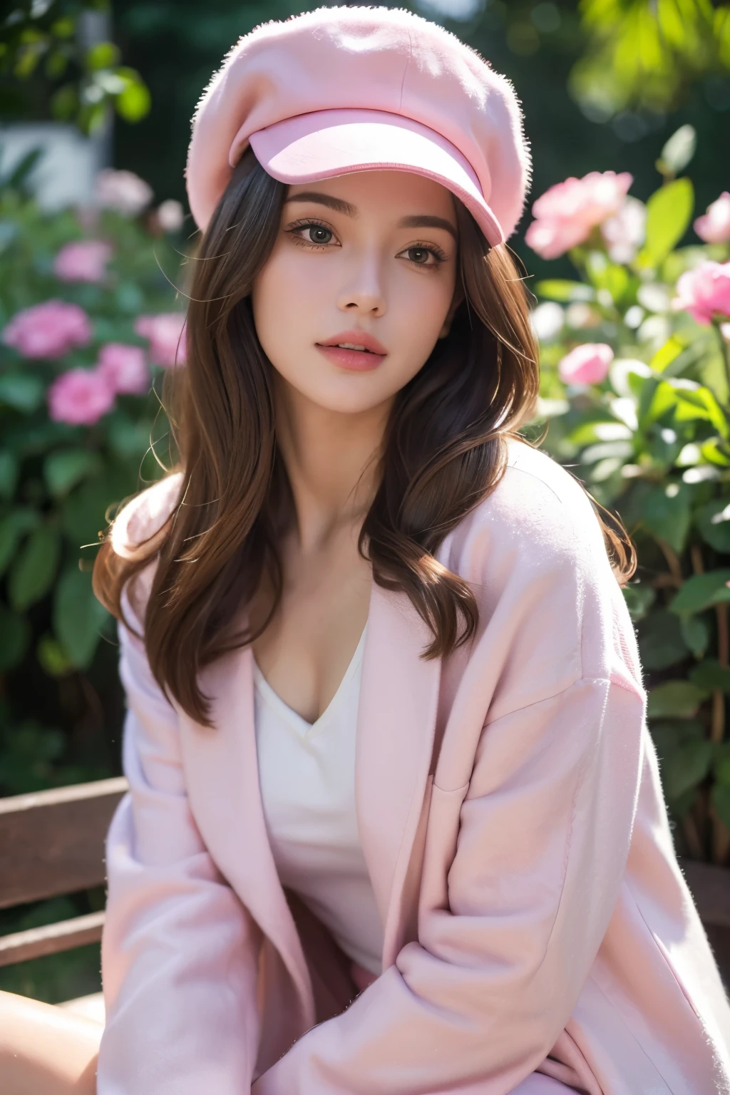 (best quality,4k,8k,highres,masterpiece:1.2),ultra-detailed, (realistic,photorealistic,photo-realistic:1.37),portrait, bright lighting, vivid colors, girl in a garden, beautiful detailed eyes, beautiful detailed lips, long eyelashes, Brazilian girl, white, 21-year-old appearance, well-groomed brown hair, wearing a pink hat, pink coat, and jeans