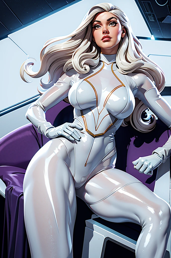 (best quality,8k:1.2,high resolution:1.2),ultra-detalhado,Realistic,retro science fiction female superhero,very long curly hair,rosto extremamente detalhados,long eyelashes,all sheer white Collant de nylon Apertado,pantyhose,white latex gloves, white Glossy plastic accessories,Physically-based rendering,foco nítido,studio lighting