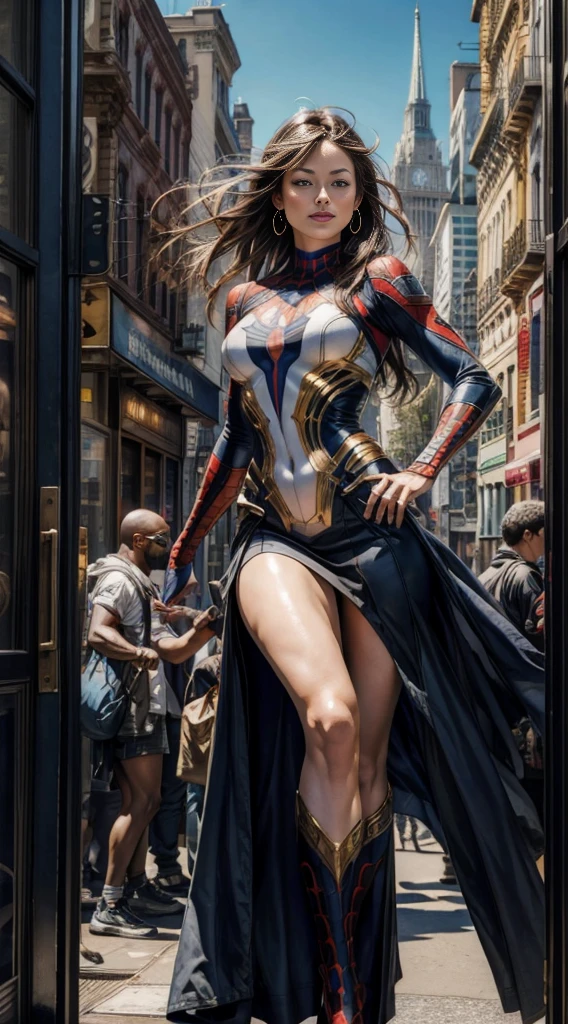 Olivia Wilde、Sticking out the navel、newyork、She wears a torn Spider-Man suit,wearing a skirt、abstract photorealistic、artistic、Alphonse Mucha's painting(masterpiece、highest quality、High resolution:1.4)、detailed、複雑なdetailed、In 4K、color splash、line drawing、fibonacci、