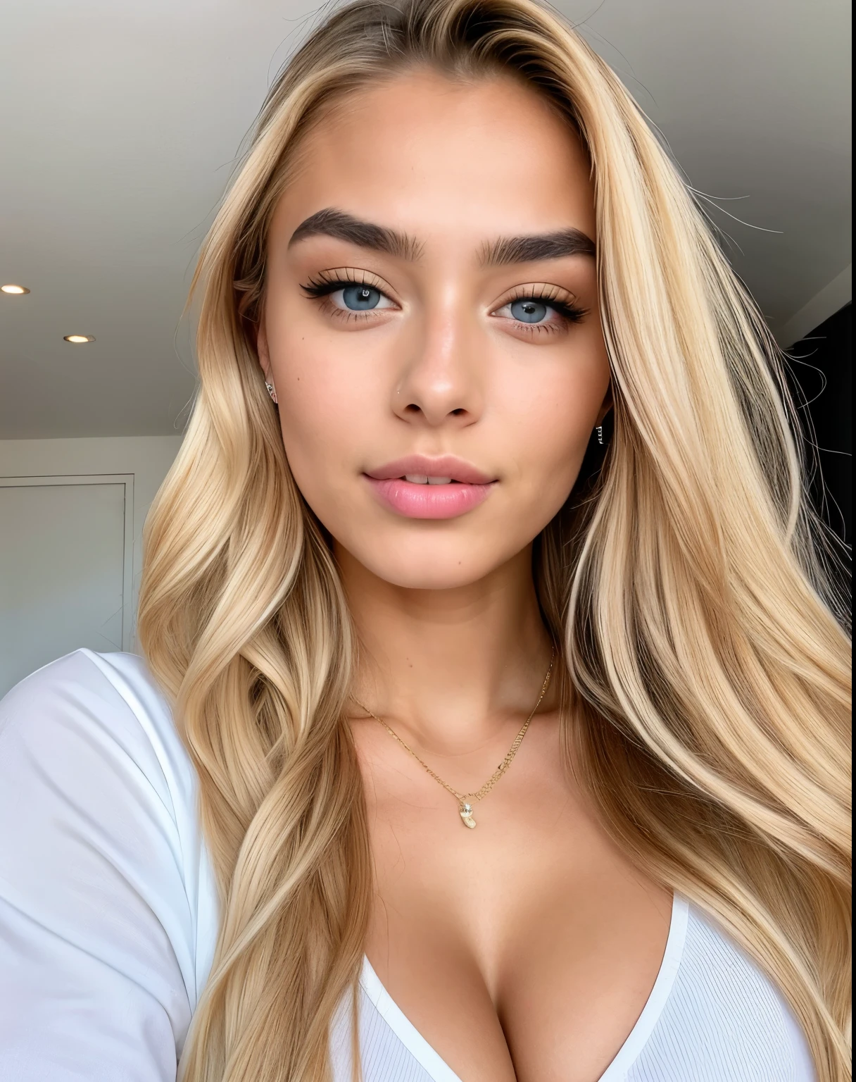 One girl, very pretty, 20 years old, tanned, long hair, blonde hair, blue eyes, sharp eyebrows, big lips, slim, realistic, cleavage, Instagram, influencer, cute, posing, wearing clothes, high-res, ultra-detailed, vivid colors, professional lighting.