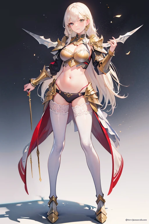 Full body portrait of light [seductiv|Goddess], highly detailed armor with gold plating, Shiny, Realistic armor, PLD_Armor, A female knight in armor, wearing PLD_Armor, Perfect face, Beautiful face, Coral eyes, Platinum blonde hair, Long hair, Medium breasts, lush detailing, Absurd, . hyper HD, High details, Super detail, Best quality, 8K,(lace stockings: 1.2),(full body photo: 1.2),beautiful legs,slender legs, big breasts, exposed belly