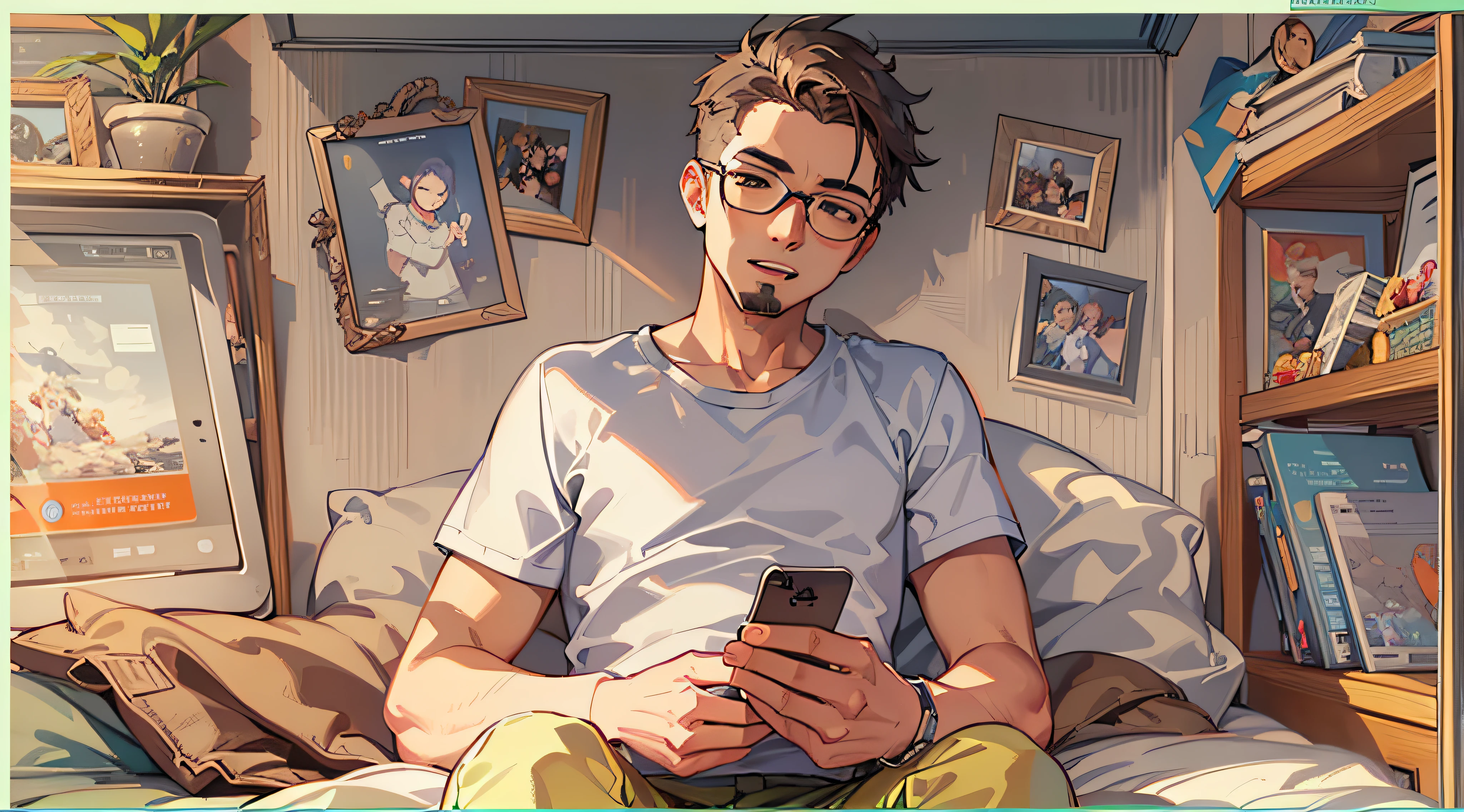 A man lies on the bed，Focus on playing mobile games or browsing social media