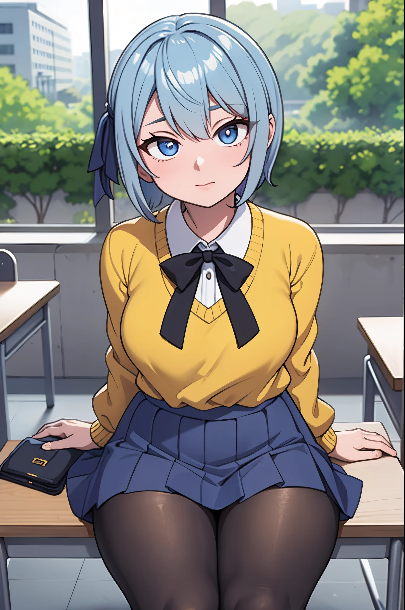 masterpiece, best quality, ultra-detailed, illustration, colorful, falt color, depth of field, lens flare, 1girl, hoshimachi suisei, anime, sitting, blue hair, looking at viewer, school, classroom, pantyhose, knit sweater, black pantyhose, no skirt, detailed skin texture, detailed cloth texture, beautiful detailed face, small breasts