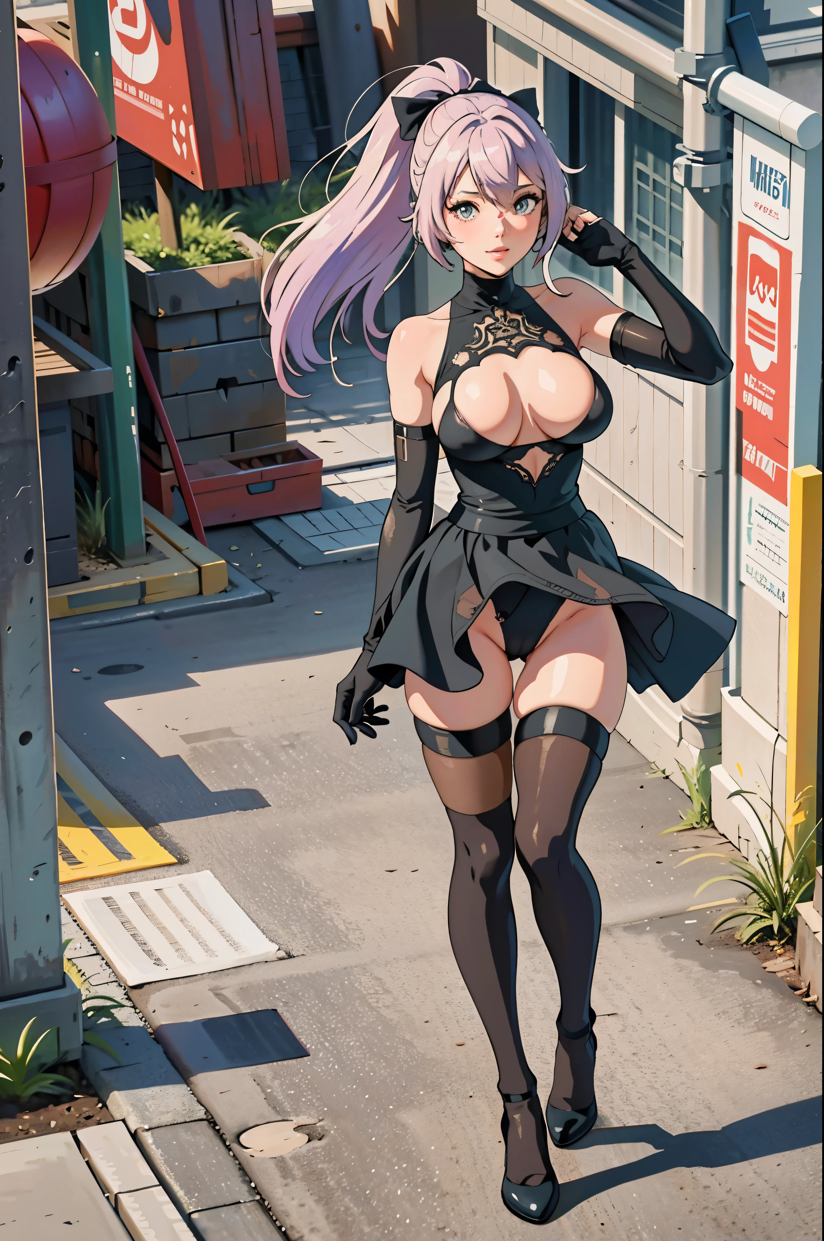 concept art, overhead angle of a Will-o'-the-wisp, fluorescent purple Hair tie, equirectangular 360, Highres, official art, unity 8k wallpaper, ultra detailed, aesthetic, fan art, nier automata, nier, animegirl, hot, big boobs, camel toe between legs, thick tights, short person, animefanart, anime style, smile with bad actions, in the streets , blurred background of city, burned city, fullbody view, with right hand holding her waist, big eyes, flying hairs