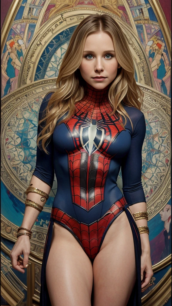 Kristen Bell、Sticking out the navel、newyork、She wears a torn Spider-Man suit,wearing a skirt、abstract photorealistic、artistic、Alphonse Mucha's painting(masterpiece、highest quality、High resolution:1.4)、detailed、複雑なdetailed、In 4K、color splash、line drawing、fibonacci、