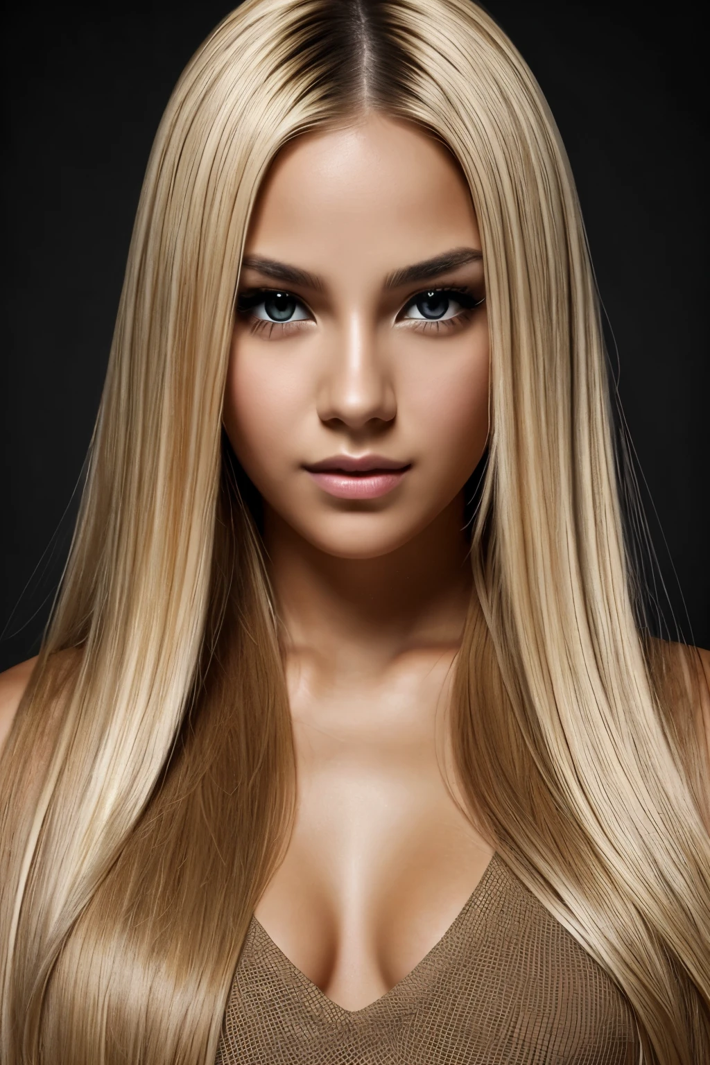 Aesthetic artwork, a woman, blonde hair, black eyes, straight hair, flushed cheeks, full lips, mischievous gaze, light brown skin, short black dress, sexy build,