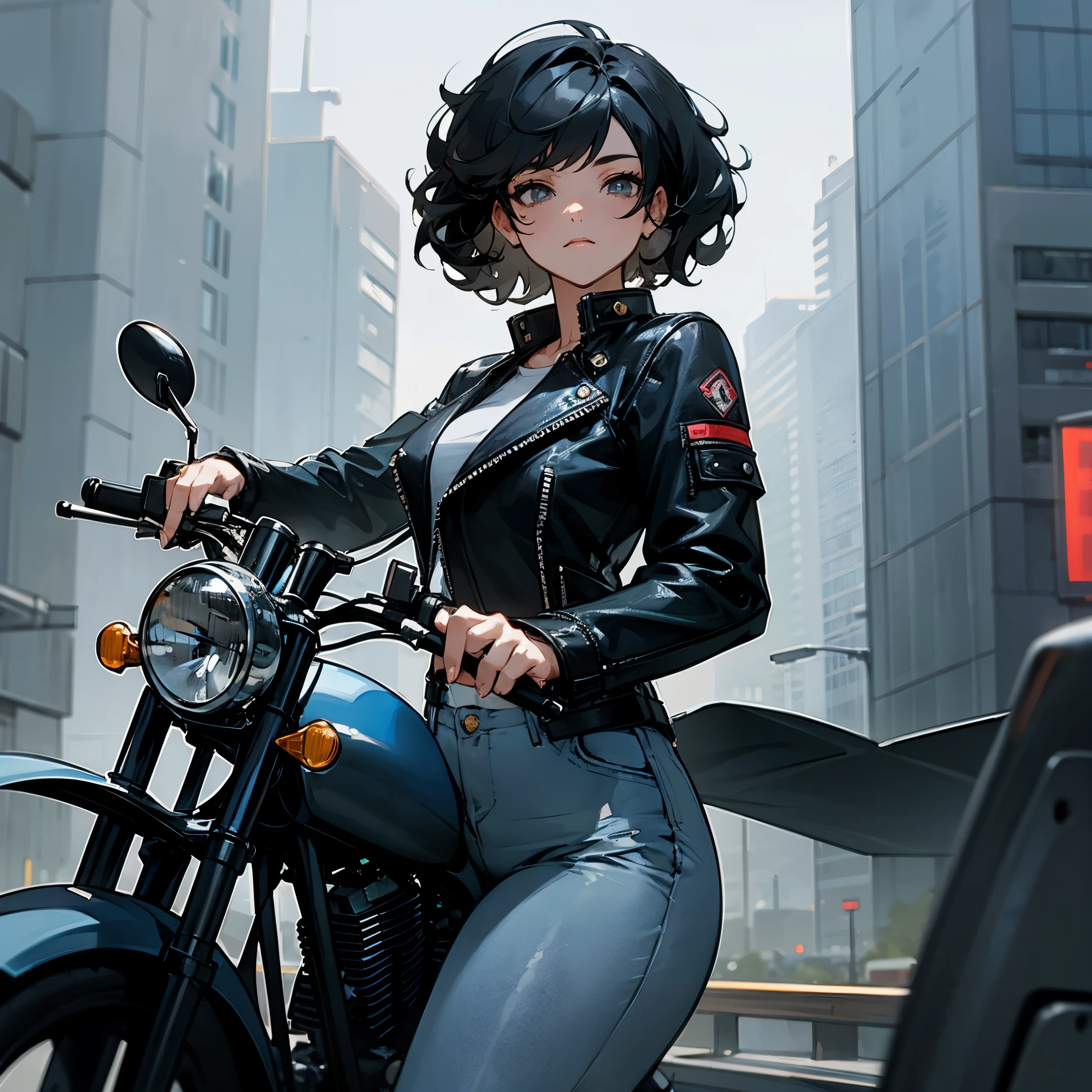 1female , Biker Jacket , Blue Jeans , Black Hair , Grey Eyes, Curly Hair ,Curvy,Muscular, Short Hair, Modern City Background