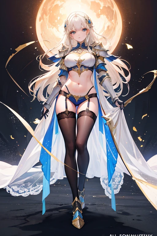 Full body portrait of light [seductiv|Goddess], highly detailed armor with gold plating, Shiny, Realistic armor, PLD_Armor, A female knight in armor, wearing PLD_Armor, Perfect face, Beautiful face, Coral eyes, Platinum blonde hair, Long hair, Medium breasts, lush detailing, Absurd, . hyper HD, High details, Super detail, Best quality, 8K,(lace stockings: 1.2),(full body photo: 1.2),beautiful legs,slender legs, big breasts, exposed belly