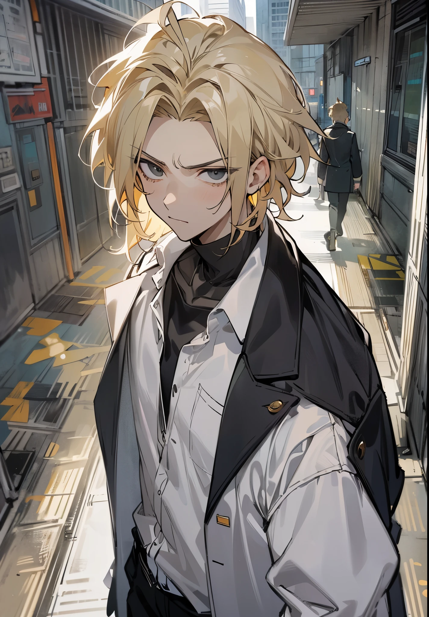 1male, , city, blonde Hair, messy hair, Black eyes, black pants, straight face, sandals, undercut, long black coat, white shirt, standing on path