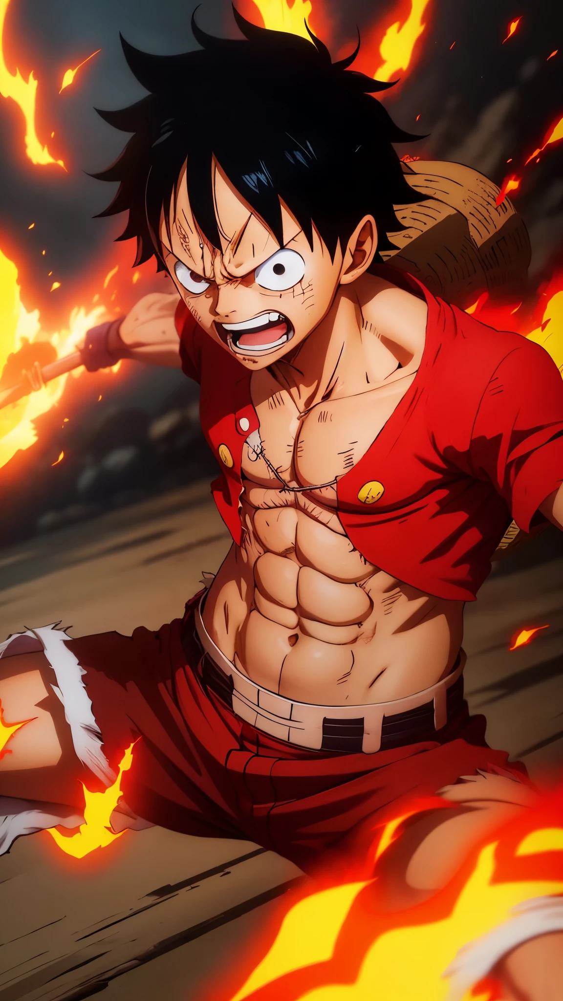 Design a gripping poster featuring Luffy from "One Piece" in a fit of rage. Capture the essence of his burning determination and unyielding spirit as he unleashes his wrath upon his enemies. Keep it short, bold, and intense to convey the raw power of Luffy's anger.