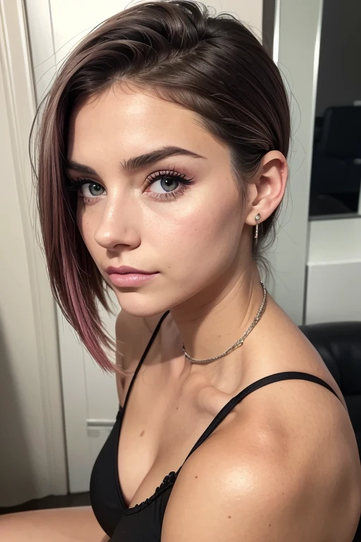 Belle fille, Marron_eyeeautiful mince adolescente de 18 ans, cheveux color [Brown highlights cheveux], [Pixie undercut] cheveux)), boucles d’oreilles, lèvres, Réaliste, taille étroite, charmant, pink lèvrestick, maquillage coloré, Cils longs, boucles d’oreilles, porter de l’eye-liner, peau claire, (mignon), (face détaillée), Yeux détaillés, Iris détaillé, corp magnifique, en maillot de bain noire