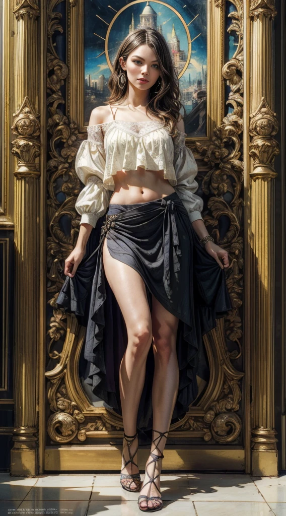 Kirsten Dunst、Sticking out the navel、newyork、She wears a torn Spider-Man suit,wearing a skirt、abstract photorealistic、artistic、Alphonse Mucha's painting(masterpiece、highest quality、High resolution:1.4)、detailed、複雑なdetailed、In 4K、color splash、line drawing、fibonacci、