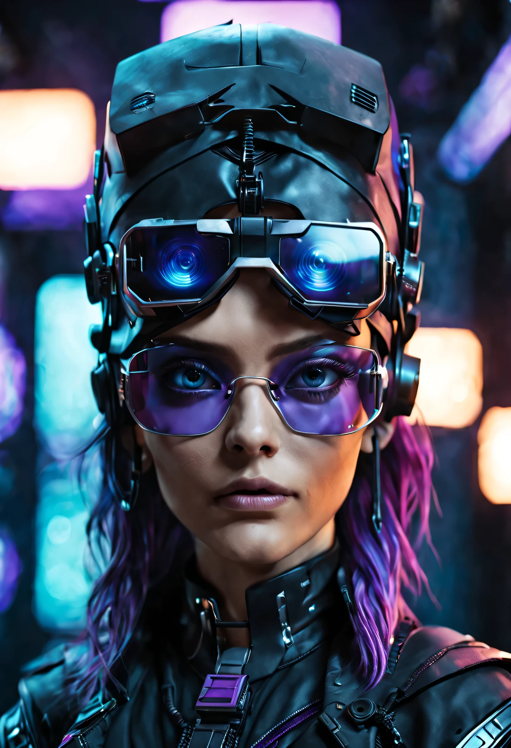 A young female sorcerer, Sci-fi VR glasses, VR glasses, Headwear glasses, Square headwear glasses, cyberpunk, purple and blue, black robe, cyberpunk, 3d model, Real skin texture, hyper realistic, CG, Ultra HD, male focus, upper body, bust, looking forward, magic background, front view, front