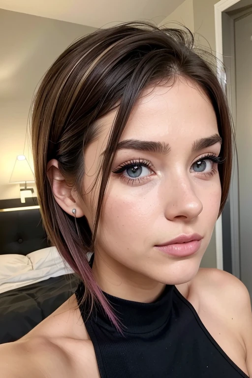 Belle fille, Marron_eyeeautiful mince adolescente de 18 ans, cheveux color [Brown highlights cheveux], [Pixie undercut] cheveux)), piercing nombril, lèvres, Réaliste, taille étroite, charmant, pink lèvrestick, maquillage coloré, Cils longs, boucles d’oreilles, porter de l’eye-liner, peau claire, (mignon), (face détaillée), Yeux détaillés, Iris détaillé, corp magnifique, corps athlétique, abdominaux prononcés sur l&#39, 