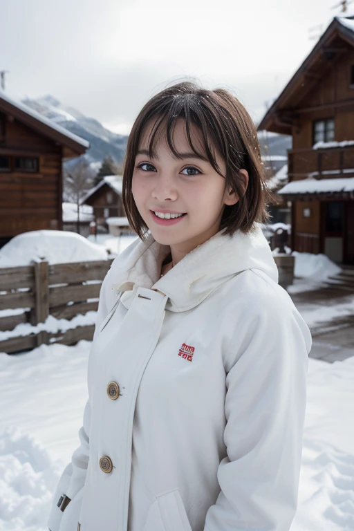 masterpiece、super high qual it y, crystal clear、RAW UHD format、Photo of  (blue eyesをした美しい女の子), (trained body、Sports Girl)、healthy beautiful girl、blue eyes、droopy eyes、unreasonable、 highly detailed shiny eyes、(((perfect anatomy))), ( looking at camera), Photographed by Leica dig ital SLR camera、sharpness, shallow depth of field, cute face, background is blurry, fine skin pores, oily skin, sunburned skin, intricate eye details、((short hair))、(((no makeup)))、high school girl、smile、Snow country trip、brown fur coat、Switzerland hotels、とびきりのsmile、heavy snow、Heavy snowfall、Deep snow、(Laughter)、歯を見せてLaughter