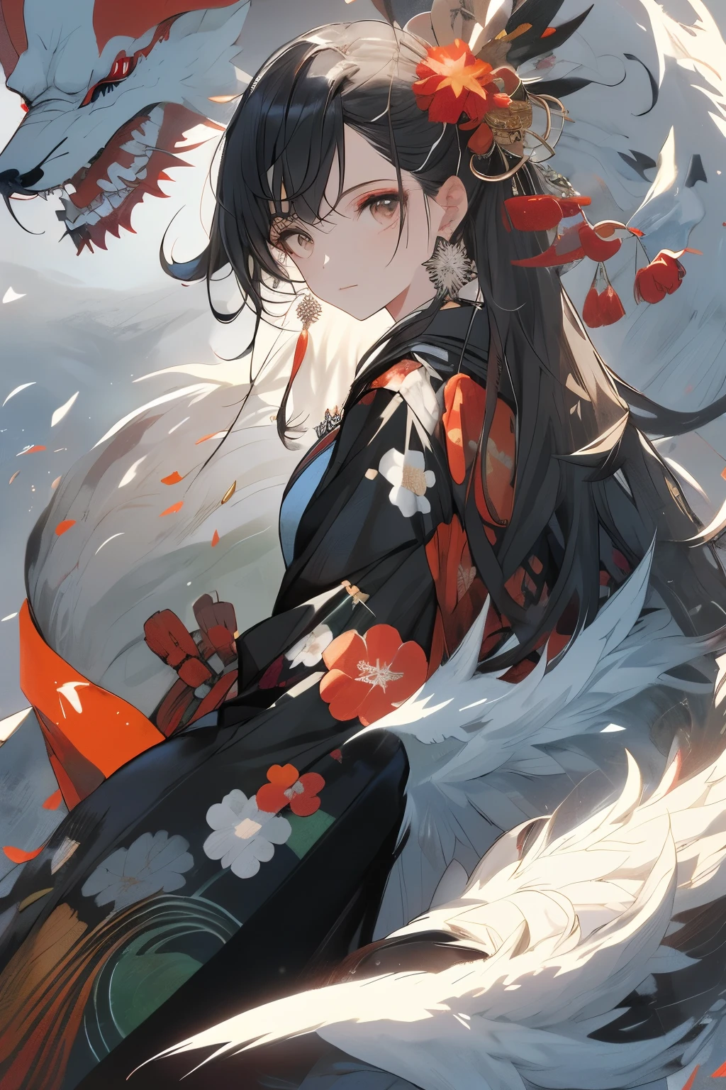 , (obra maestra:1.2), Mejor calidad,pixiv,Retrato a mitad de viaje,
1 chica, paraguas, Solo, flor, pelo largo, adorno para el pelo, hair flor, tenencia paraguas, mirando al espectador, lluvia, tenencia, al aire libre, golpes, ropa japonesa, kimono, oil-paper paraguas, pelo negro, Labios partidos, mangas largas, parte superior del cuerpo, rubor, looking back, borla, ropa china, hanfu, Mangas anchas, arco, estampado floral, pendientes, kimono blanco, joyas, cinta
