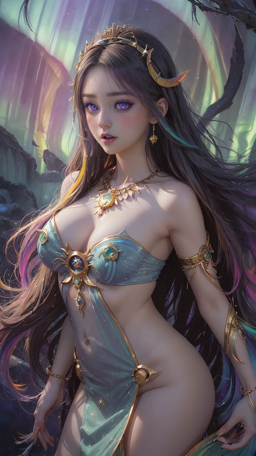 27-year-old girl, 1 zodiac goddess from the future, 12 zodiac goddess pink purple, 12 zodiac goddess face sexy thin yellow nightgown, long thin nightgown 12 zodiac many limbs sexy black lace detail, mythical goddess of the 12 zodiacs from the future, zodiac ♏, luxurious glittering zodiac style, dark and mysterious version, zodiac crown, lipstick red lips, thin and pretty lips, don't smile, keep your mouth shut, characters created by karol bak and pino daeni, intricate detail, detailed background, extremely detailed, light magic, a woman, clear face, looking at the upper body of the goddess of the zodiac, round breasts, big and round breasts, phoenix hair brooch, long hair with bangs, (Long hair has 7 colors like rainbow:1.9), beautiful detailed face and well-proportioned eyes, (transparent yellow eyes: 1.8), big round eyes and very beautiful and detailed makeup, visionary, long silk nightgown, mysterious makeup, Bracelets, side bangs and dye pale yellow, upper body, (zodiac goddess upper body: 1.8), drooping arms, Realistic and vivid photo, (stars that make up the zodiac: 1.7), ( sky zodiac and fictitious space and time portal: 1.8), fiction art, RAW photo, hanfu photo, best photo , high_res, best quality, best photo, 8k quality, 8k ultra , surrealism, the most economical real photo, artistic portrait of 12 zodiac signs, 1 symbol of 12 zodiac signs behind, single portrait of 12 zodiac goddess, The most realistic color scheme, best photo color, masterpiece, hair ornament, necklace, jewelry, Beautiful face, upper body, tyndall effect, photo realistic, dark studio, border light, two tone light, (detailed skin) high: 1.2), 8k uhd, dslr, soft light, high quality, volumetric light, candid, Photo, high resolution, 4k quality, 8k, Bokeh, Smooth and sharp, pixel up 10 times, Charming zodiac goddess, sexy zodiac goddess, (background space: 1.8), (galaxy: 1.7), aurora, lightning, (Aurora Background: 1.8) <lora:locon_perfecteyes_v1_from_v1_, beautiful goddess and flowers, nsfw