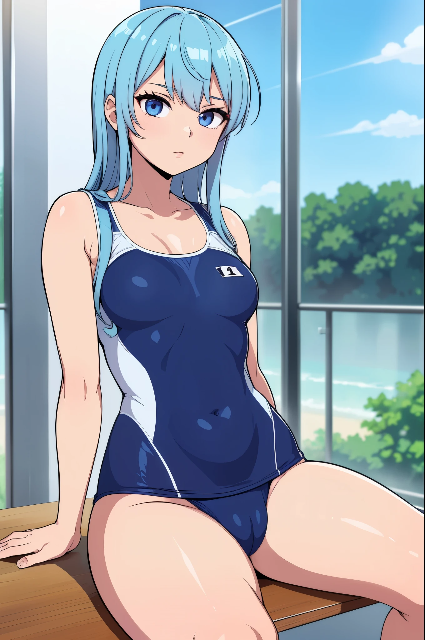 masterpiece, best quality, ultra-detailed, illustration, colorful, flat color, depth of field, lens flare, 1girl, hoshimachi suisei, anime, sitting, blue hair, looking at viewer, school, classroom, school swimsuit, one piece swimsuit, detailed skin texture, detailed cloth texture, beautiful detailed face, small breasts