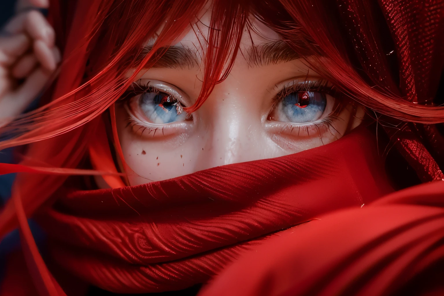 arafed woman with red hair and blue eyes with red scarf, beautiful portrait photo, 8k artistic portrait photography, by Alexey Venetsianov, photo of a beautiful woman, by andrey ryabovichev, close up portrait shot, red scarf, close - up portrait shot, red silk flowing fabric, by Eugeniusz Zak