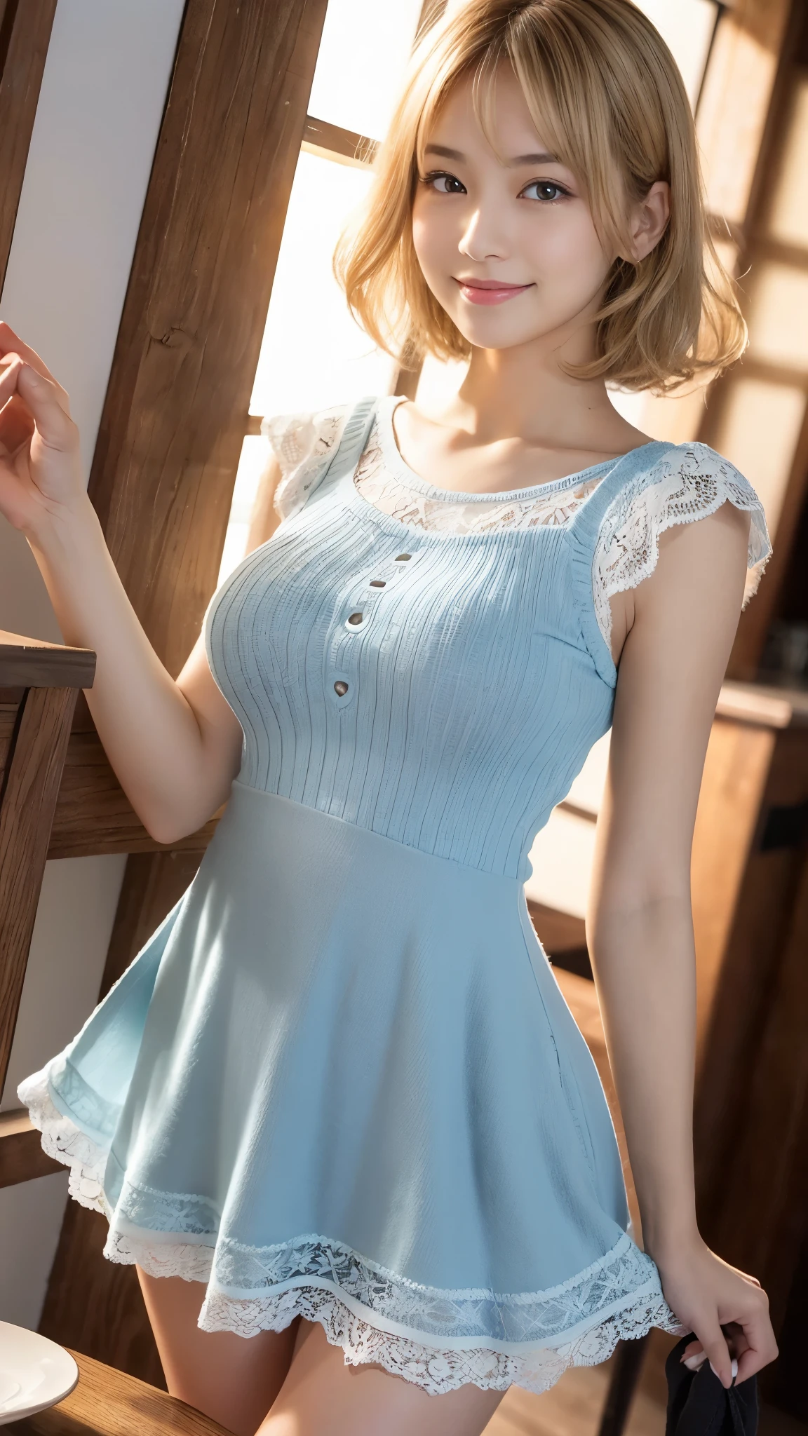 (A very cute 20 year old young woman from Japan),  ((delicate hair between brown and blonde)), ((messy side wave short hair)),medium bust size､small breasts､ (((Clean hands)))，(curly hair)，(((very kind smile))), (((she wears black lace panties)))，(((Wearing a super short light blue knit dress)))，(((I&#39;m wearing a light blue knit dress。))) ((top quality, 16K, table top: 1.3)), light shines on your face, highly detailed face, highly detailed lips, fine eyes, city street，angle from below:1.5，