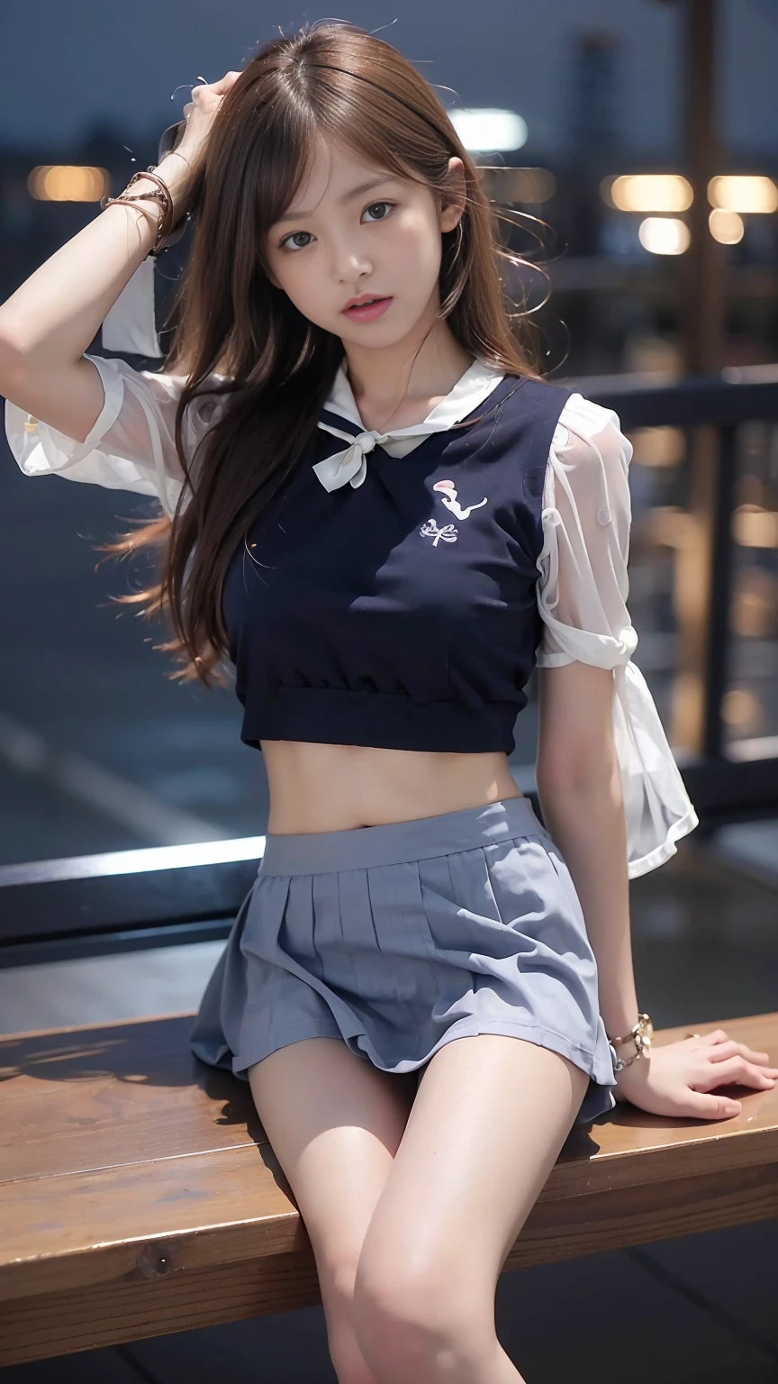 Beautiful girl, Brown hair, updo hair, (((Pubic hair is visible))), (((Very sweet smile))), looking at viewert, A smile、(brunette color hair、short-hair:1.3、bow ribbon)、bow ribbon、fullnude、teaxs、No underwear、crotch cleft、Crotch focus、Beautiful hairstyle、photorealistic eye、Beautiful details、(real looking skin)、Beautiful skins、(Sweaters)、absurderes、enticing、超A high resolution、ultra-realistic realism、high detal、the golden ratio((top-quality、8K、tmasterpiece:1.3))、foco nítido:1.2、years、Perfect beautiful girl、heartthrob、Beautiful Women with Perfect Style、full body seen、toppless、fullnude、Visible nipple、Do not wear underwear、fullnude、No pubic hair、shaved pubic hair、Show off your genitals、genitals visible, (((Lift the skirt, Lift the skirt with both hands, lift skirt yourself))), ((a sailor suit)), ((maid)), ((of the highest quality, 16 k, masutepiece: 1.3)), 1 girl, light in face, com rosto detalhado, Very detailed lips, Detailed eyes, Realistic pupils, the city street、Roll up your sailor suit、large panorama、Hidden areas exposed、