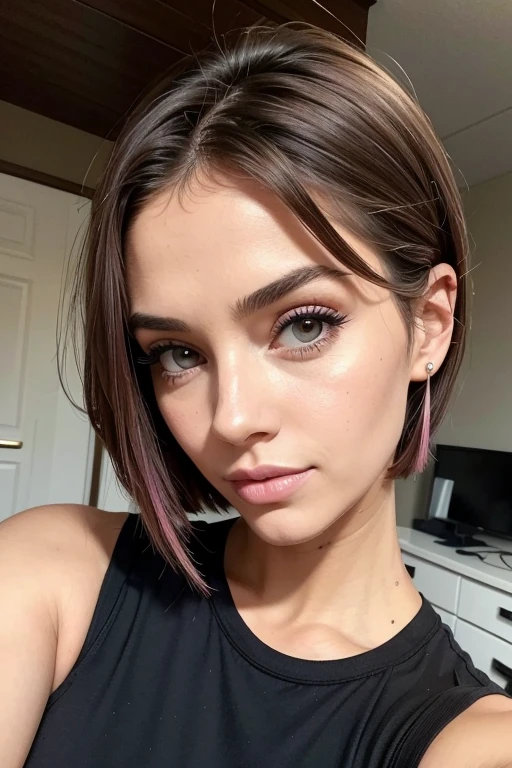 Belle fille, Marron_eyeeautiful mince adolescente de 18 ans, cheveux color [Brown highlights cheveux], [Pixie undercut] cheveux)), piercing nombril, lèvres, Réaliste, taille étroite, charmant, pink lèvrestick, maquillage coloré, Cils longs, boucles d’oreilles, porter de l’eye-liner, peau claire, (mignon), (face détaillée), Yeux détaillés, Iris détaillé, corp magnifique, corps athlétique, abdominaux prononcés sur l&#39, 