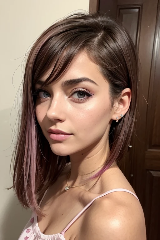 Belle fille, Marron_eyeeautiful mince adolescente de 18 ans, cheveux color [Brown highlights cheveux], [Pixie undercut] cheveux)), piercing nombril, lèvres, Réaliste, taille étroite, charmant, pink lèvrestick, maquillage coloré, Cils longs, boucles d’oreilles, porter de l’eye-liner, peau claire, (mignon), (face détaillée), Yeux détaillés, Iris détaillé, corp magnifique, corps athlétique, abdominaux prononcés sur l&#39, 