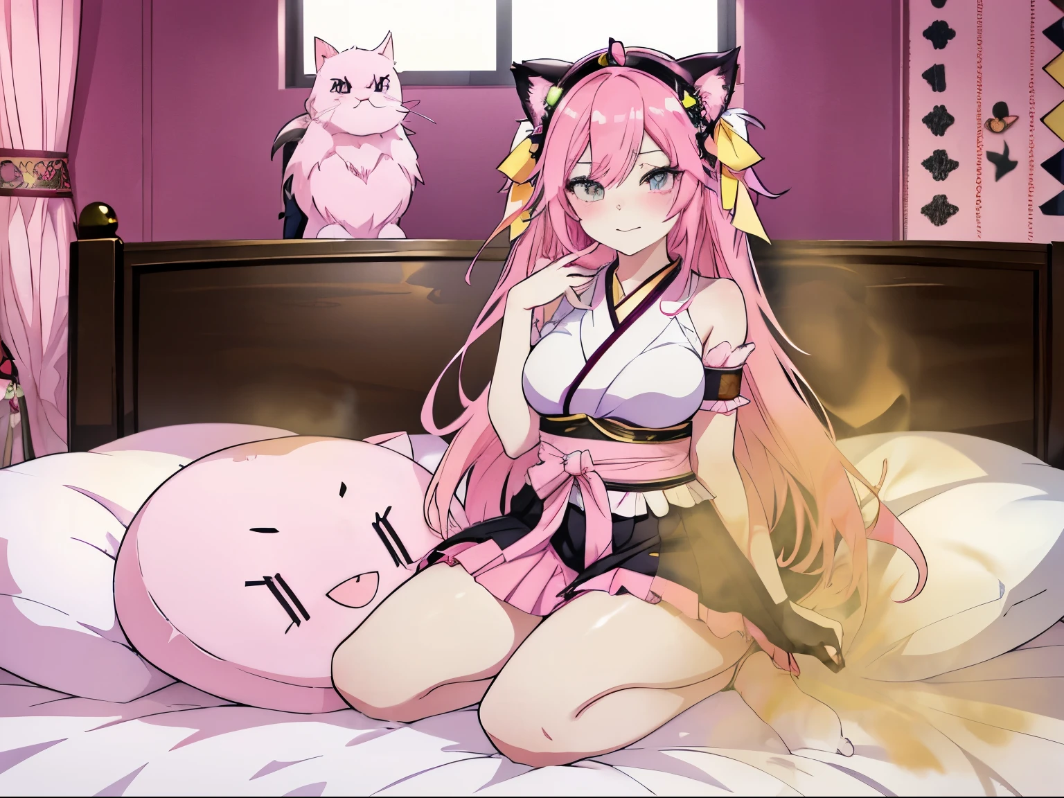 araffe with pink hair and a cat ears is sitting on a bed, seductive anime girl, anime girl cosplay, beautiful charming anime , beautiful attractive anime woman, beautiful succubus, real anime girl, japanese goddess, attractive anime girl, Belle Delphine, smooth pink skin, anime goddess, anime cosplay, Renji Murata and Art Germ