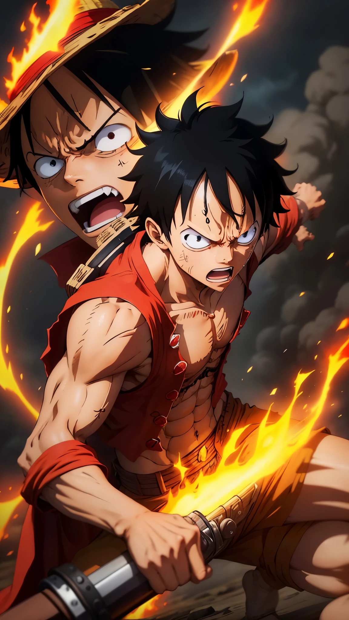 Design a gripping poster featuring Luffy from "One Piece" in a fit of rage. Capture the essence of his burning determination and unyielding spirit as he unleashes his wrath upon his enemies. Keep it short, bold, and intense to convey the raw power of Luffy's anger.