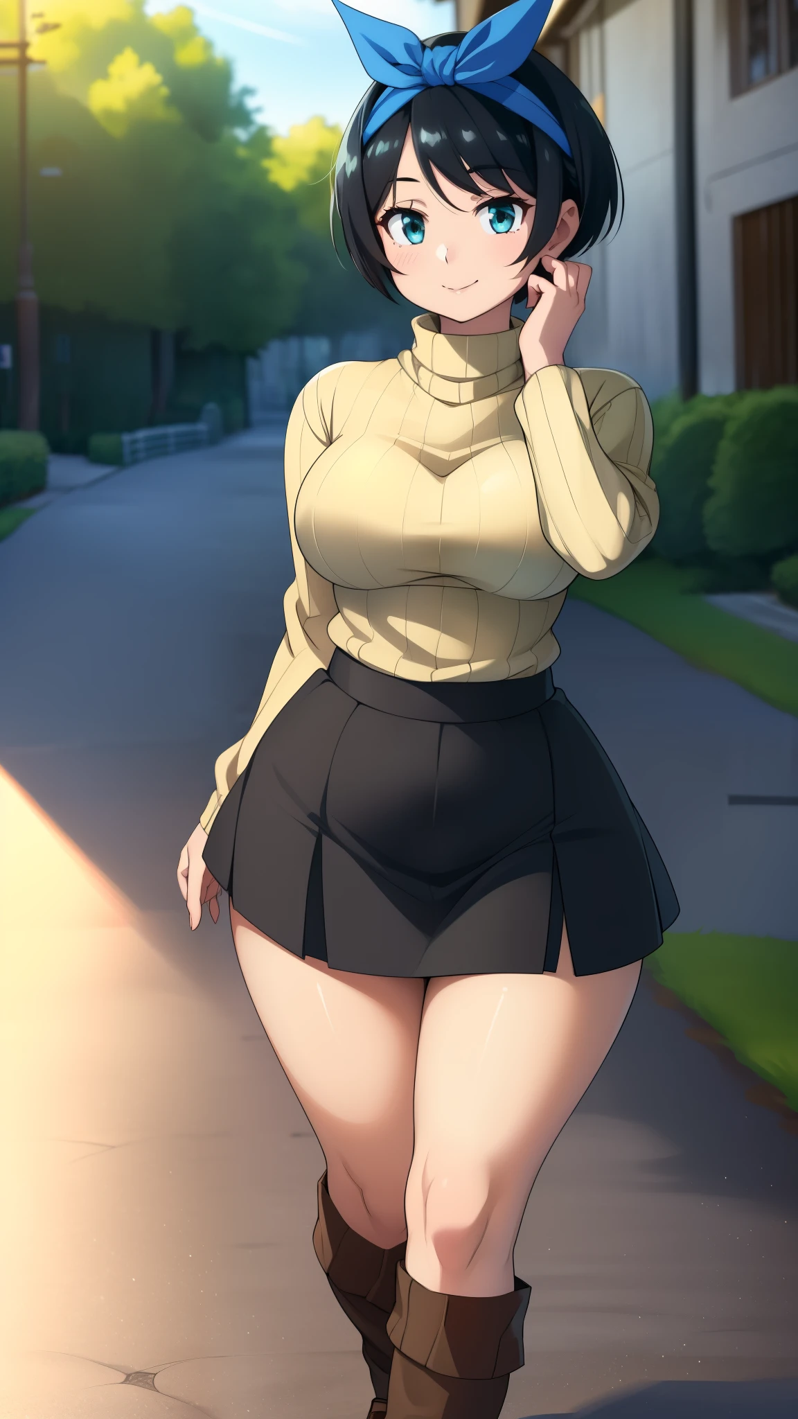 ((((kipteitei art)))), ((highres)),Masterpiece, high quality, best quality, beautiful, perfect lighting, detailed face, ultra cute face, ((1girl)), ((solo), ((((sarashina ruka)))), ((blue hairband)), ((tan turtle neck sweater)), ((black short skirt)), black socks, loafers, looking at viewer, cowboy shot, sweet smile, cute, happy, medium breasts, perky breasts, wide hips, thick thighs, thicc, town, street,