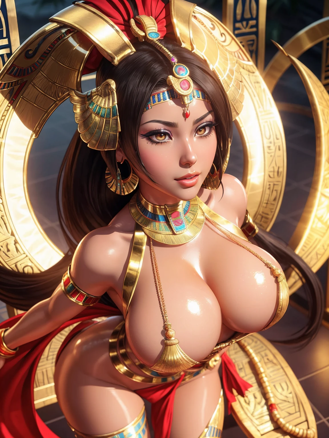 Mai Shiranui ( dead or alive 5 character) as a gorgeous Egyptian Empress wearing ((traditional Egyptian dress)); ((ultra glossy lips)); ((Gold lips)); ((Traditional Egyptian Makeup)); ultrarealistic skin, ultrarealistic face; ultrarealistic body; ((ultrarealistic gold ornaments)); ((gigantic breasts)); ((overflowing huge breasts)); fully nude; coin slot pussy; detailed pussy; high resolution; detailed skin; ultra detailed eyes; ultra detailed face; ultra detailed lips; 4k resolution; both eyes are similar, heavily oiled shiny skin, sexy seductive pose, standing; looking at viewer, facing camera; full body photograph, DSLR photo; HDR, super-resolution, maximum clarity and sharpness, rule of thirds, 8k raw, reflections, sharp focus