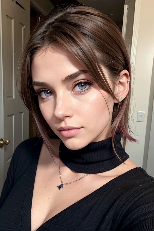 Belle fille, Marron_eyeeautiful mince adolescente de 18 ans, cheveux color [Brown highlights cheveux], [Pixie undercut] cheveux)), piercing nombril, lèvres, Réaliste, taille étroite, charmant, pink lèvrestick, maquillage coloré, Cils longs, boucles d’oreilles, porter de l’eye-liner, peau claire, (mignon), (face détaillée), Yeux détaillés, Iris détaillé, corp magnifique, corps athlétique, abdominaux prononcés sur l&#39, 
