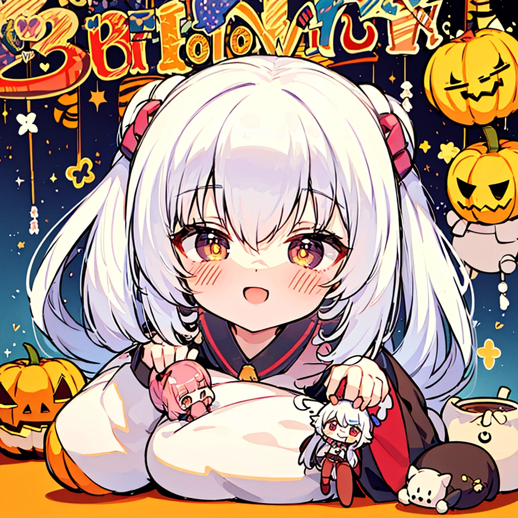 cute halloween (((chibi))) poster, white hair, asymmetrical hair, bangs, heart-shaped pupils, smile, light smile, light blush, anime style, anime, masterpiece, high quality