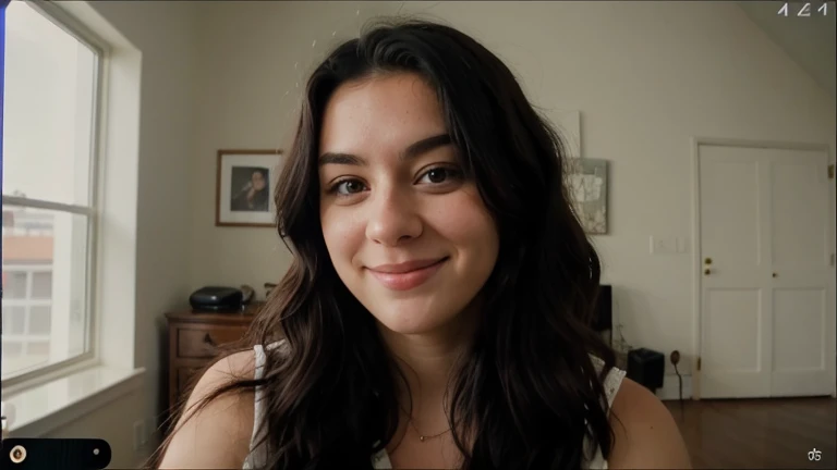 portrait of a cute 28 year old American girl , on a Discord video call, thick wavy black hair, smirking, long eyelashes,
torso, facing viewer, 8k, super detail, best quality, 1080P, 1080P, 1080P, 4K, 8k, 16k, HD, 1080P
