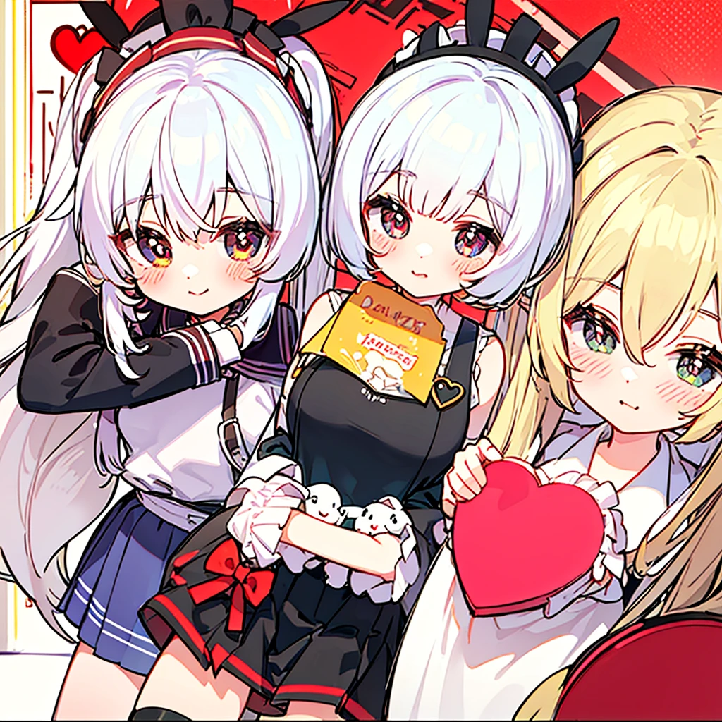 cute valentine's day poster (((chibi))), anime couple, white hair, asymmetrical hair, bangs, heart-shaped pupils, smile, light smile, light blush, anime style, anime, masterpiece, high quality
