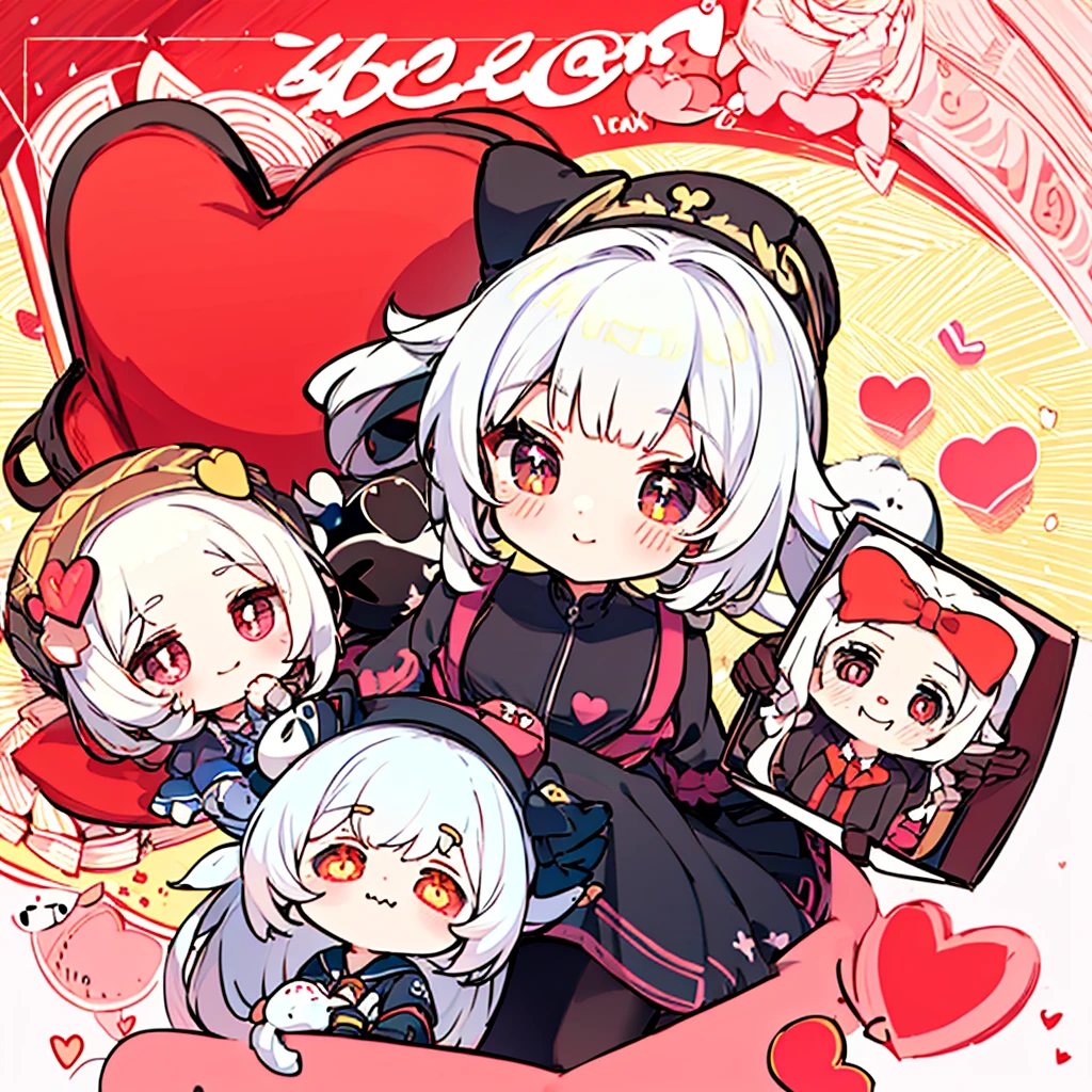 cute valentine's day poster (((chibi))), anime couple, white hair, asymmetrical hair, bangs, heart-shaped pupils, smile, light smile, light blush, anime style, anime, masterpiece, high quality