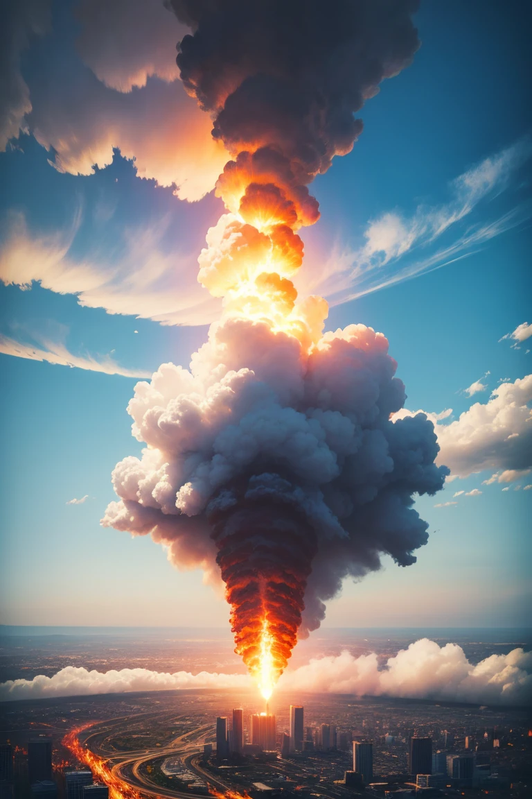 Super fire tornado with clear blue sky background, Toy City below, Realistic style