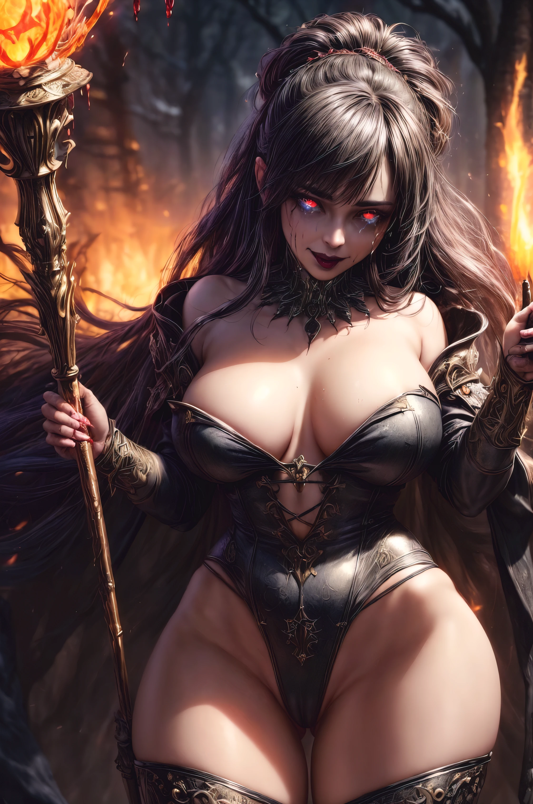 (skindentation:1.5), Realistic, Photorealistic, (((detailed cameltoe))), (masterpiece:1.5), concept art, intricate details, eerie, highly detailed, photorealistic, octane render, 8k, unreal engine, dynamic pose, best quality, highres, (realistic face:1.1), (hyperrealistic:1.1), 4k, 8k, ((full_body)), perfect eyes,(shiny skin:1.2), (((hairstyle))), (((perfect hands))), (((extremely detailed background))), (((dynamic background))), (((1girl))), (((Mature female))), detailed background, magic, forest, fire magic, tight sorceress clothes, magical clothing, (((flowing hairstyle))), (((glowing eyes))), (((skimpy clothing))), (((black lipstick))), powerful wizard, magic spells, (((blood tears))), (((crying))), crying expression, (((thick))) , scene of war, (((psychotic smile))), Evil female sorceress, skimpy clothing, extremely slutty, sex demon,(((magic staff))) high saturation