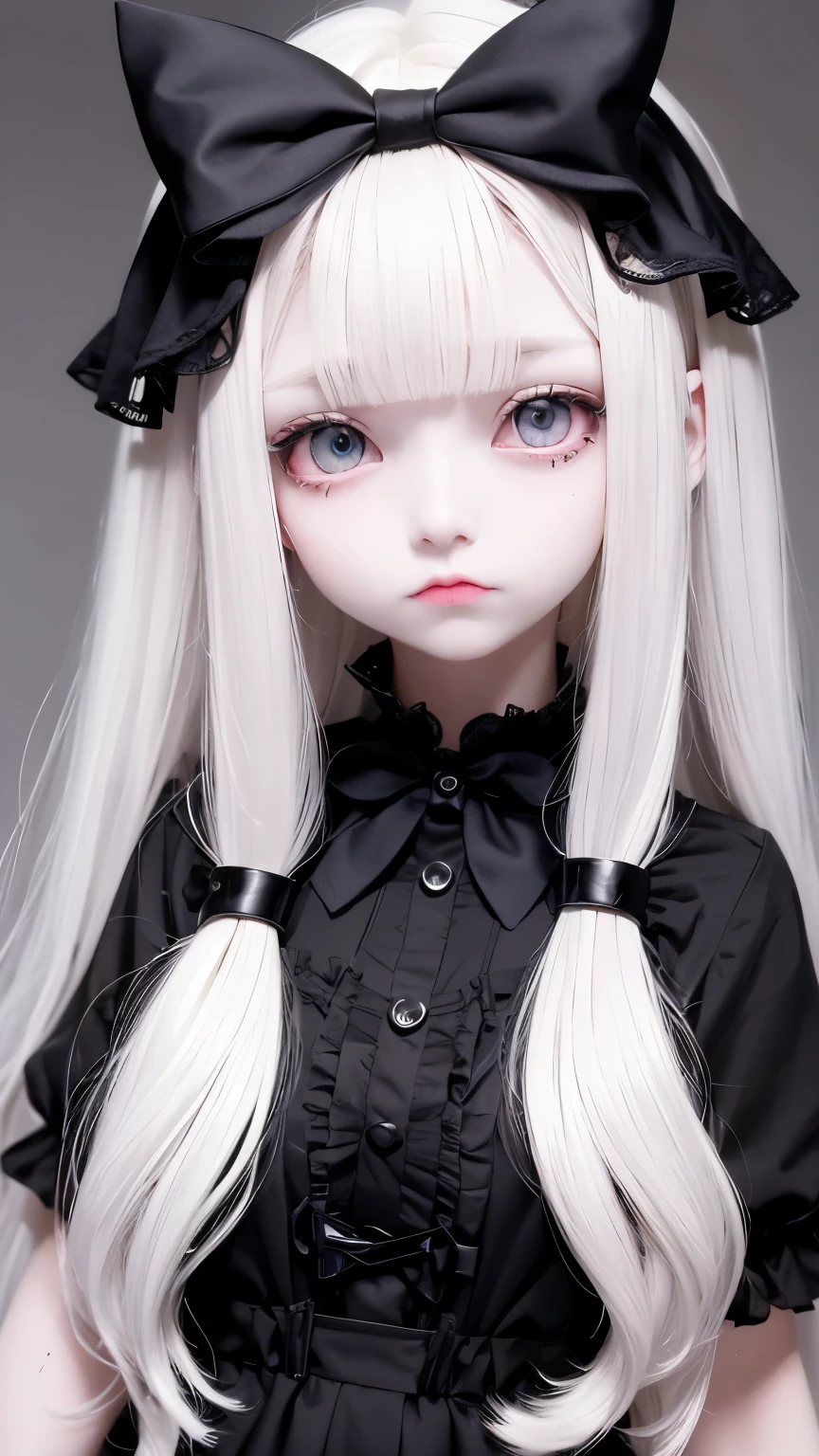 Lori、Bangs that extend to the face、10th generation、12 years old、baby face、cute face、Cute Nordic girl、(thin nose)、(bulging eyes)、Blonde doll with long hair and black bow tie, ball jointed doll, pale porcelain white skin, Embarrassingly cute face. dark fantasy, artdoll, pale goth beauty, china doll face, White skin and black eyes, gothic girl face, dollpunk, porcelain pale skin, (( deep black eyes ))