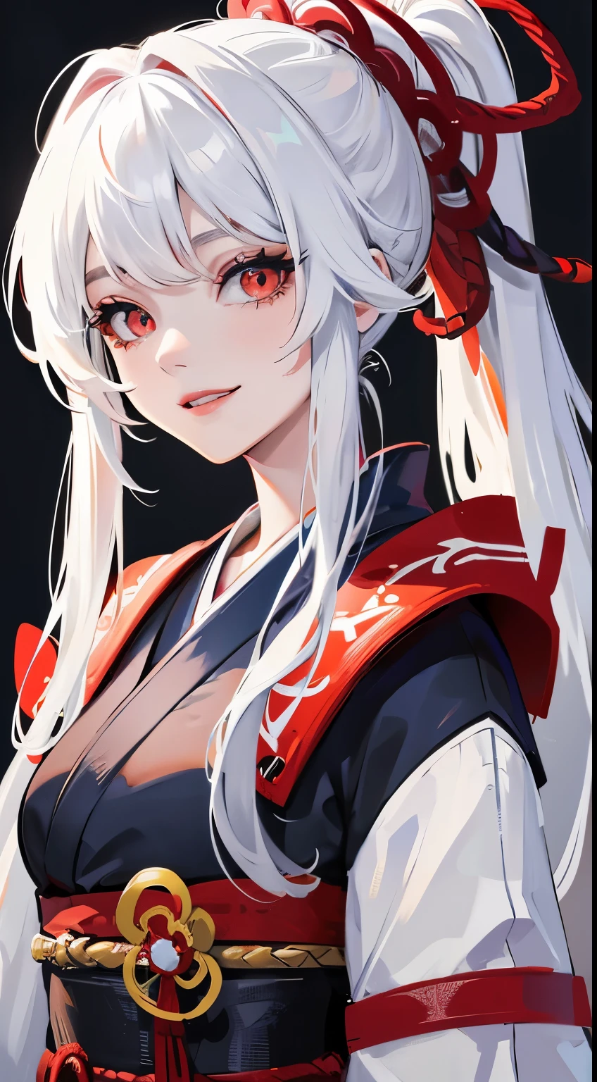 young girl, long white hair, high ponytail, Red eyes, blue sleeveless samurai kimono, smile, masterpiece, High quality