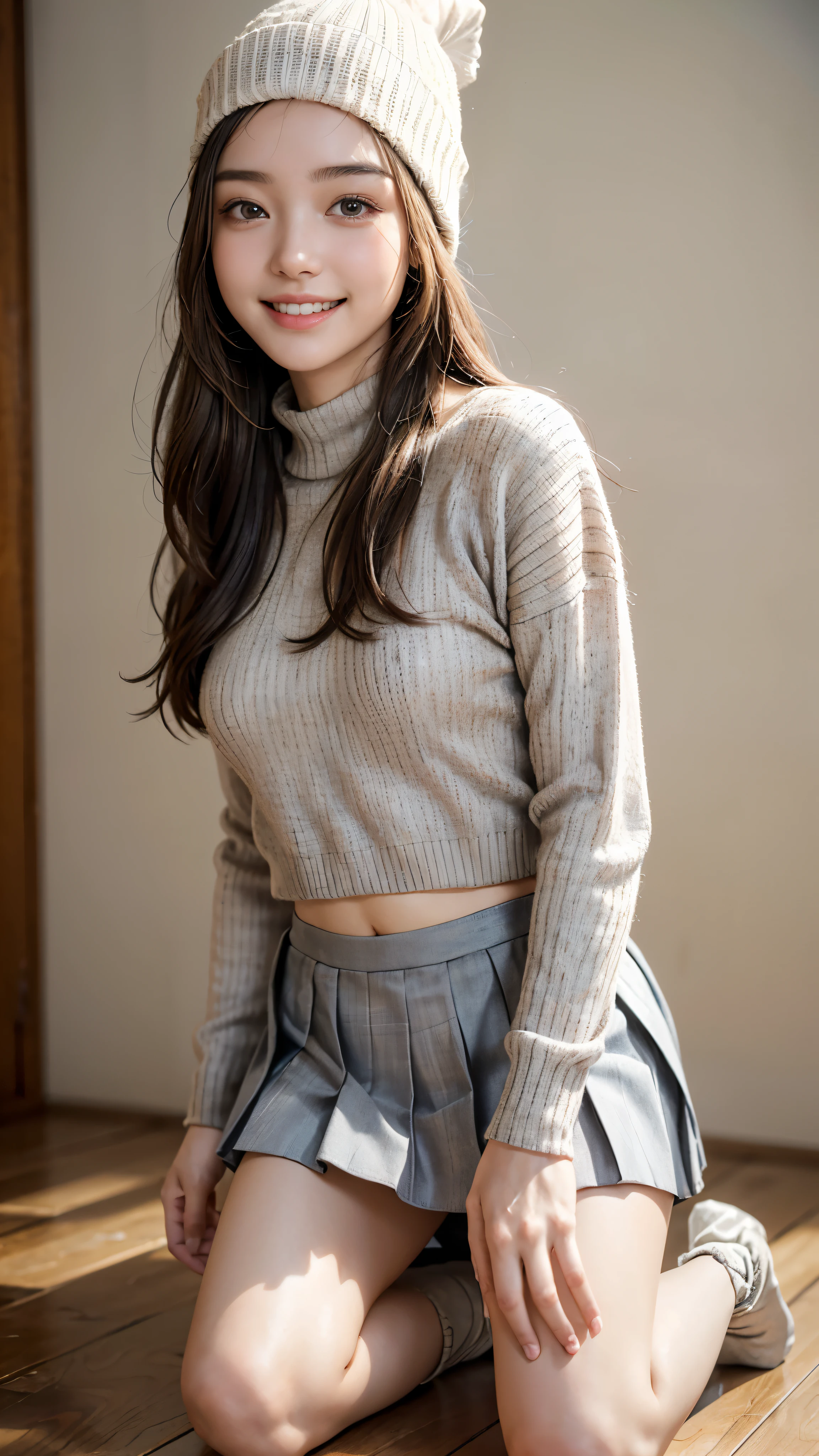 highest quality, masterpiece, ultra high resolution, (realistic:1.4), (close portrait) RAW photo, 1 girl, 22 years ago,((kneeling down and looking at the viewer)),((upper grade)), (((A-line check pleated skirt))),(((gray sweater))),(((white knit hat))), ((platform boots)),masterpiece, realistic pictures, japanese pictures, fuji negative film, saturation, contrast, Pocari Sweat Advertisement ((small breasts)),((smile showing teeth)),Semi-long chignon hair,brown hair,